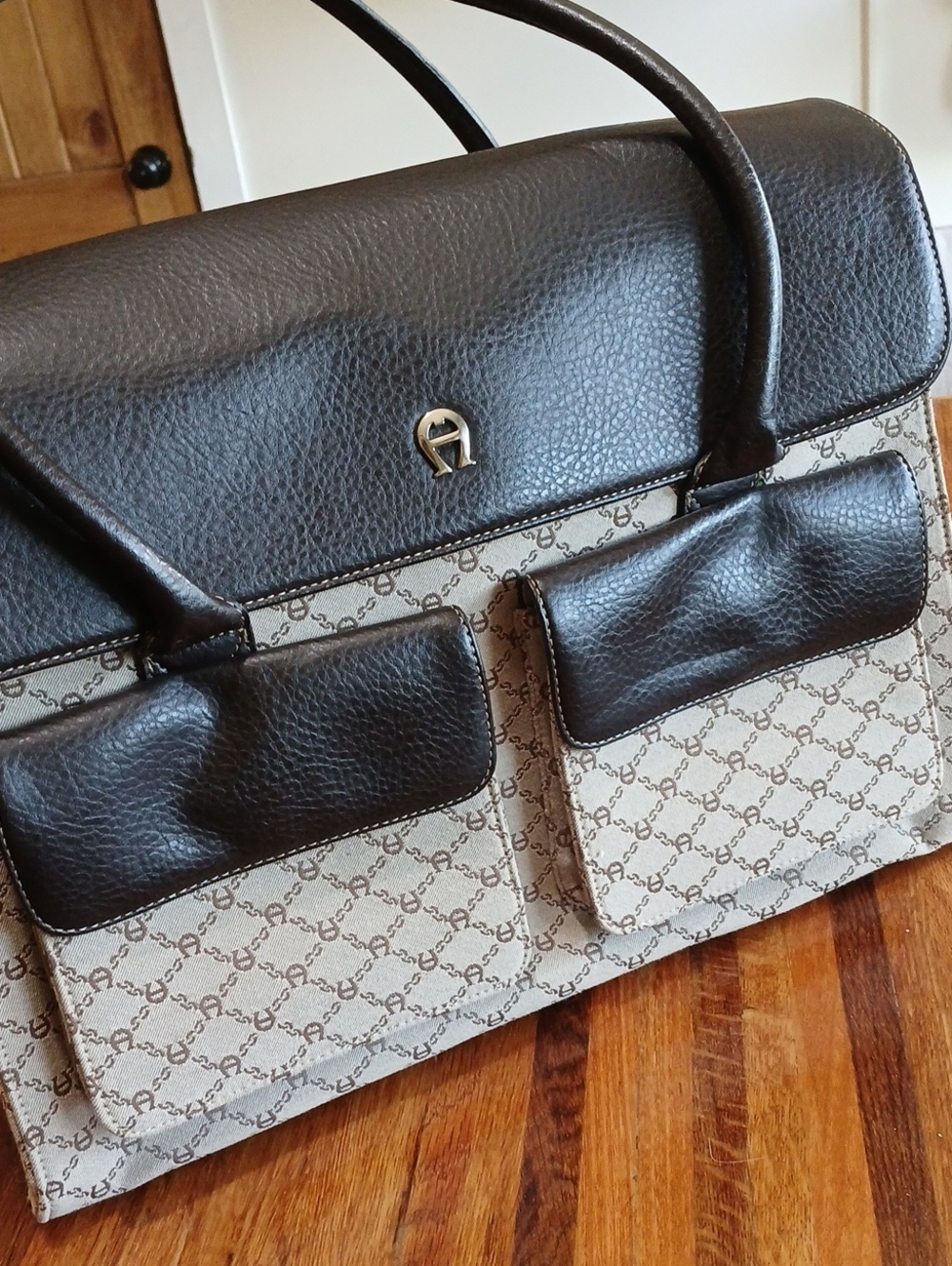 Etienne Aigner Leather/Canvas Laptop Satchel Tote Briefcase - Picture 3 of 15